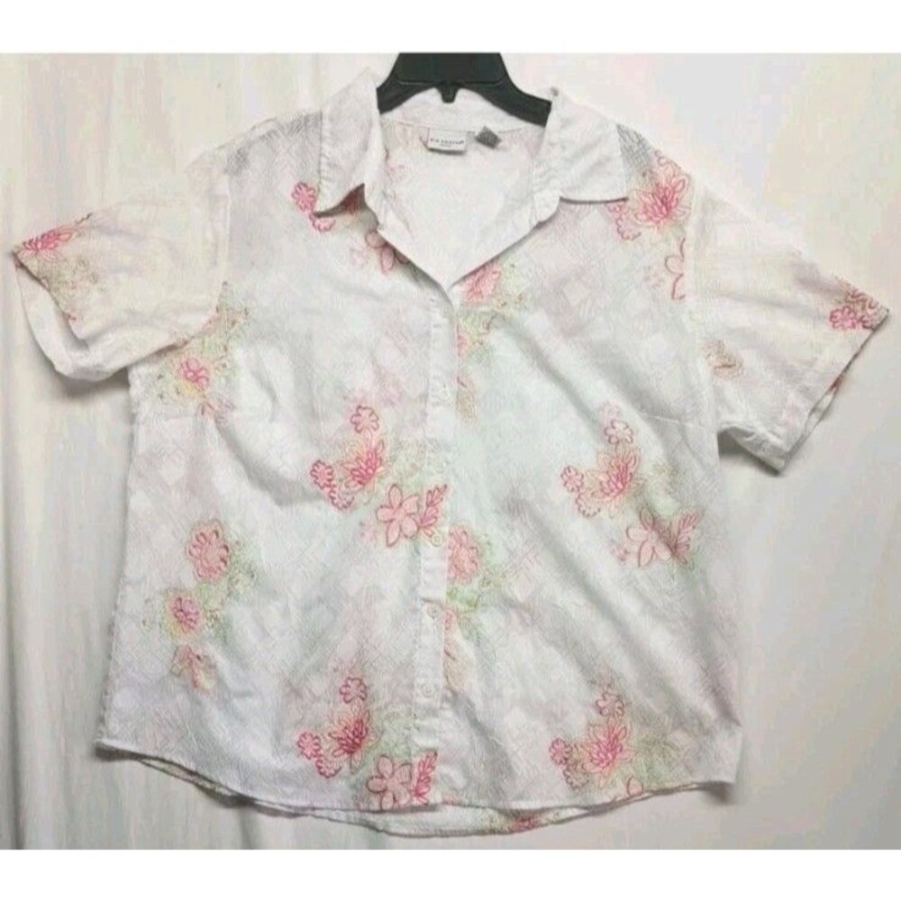KIM ROGERS 1X White Cotton Floral Cottagecore Embroidered Button Up Women Summer